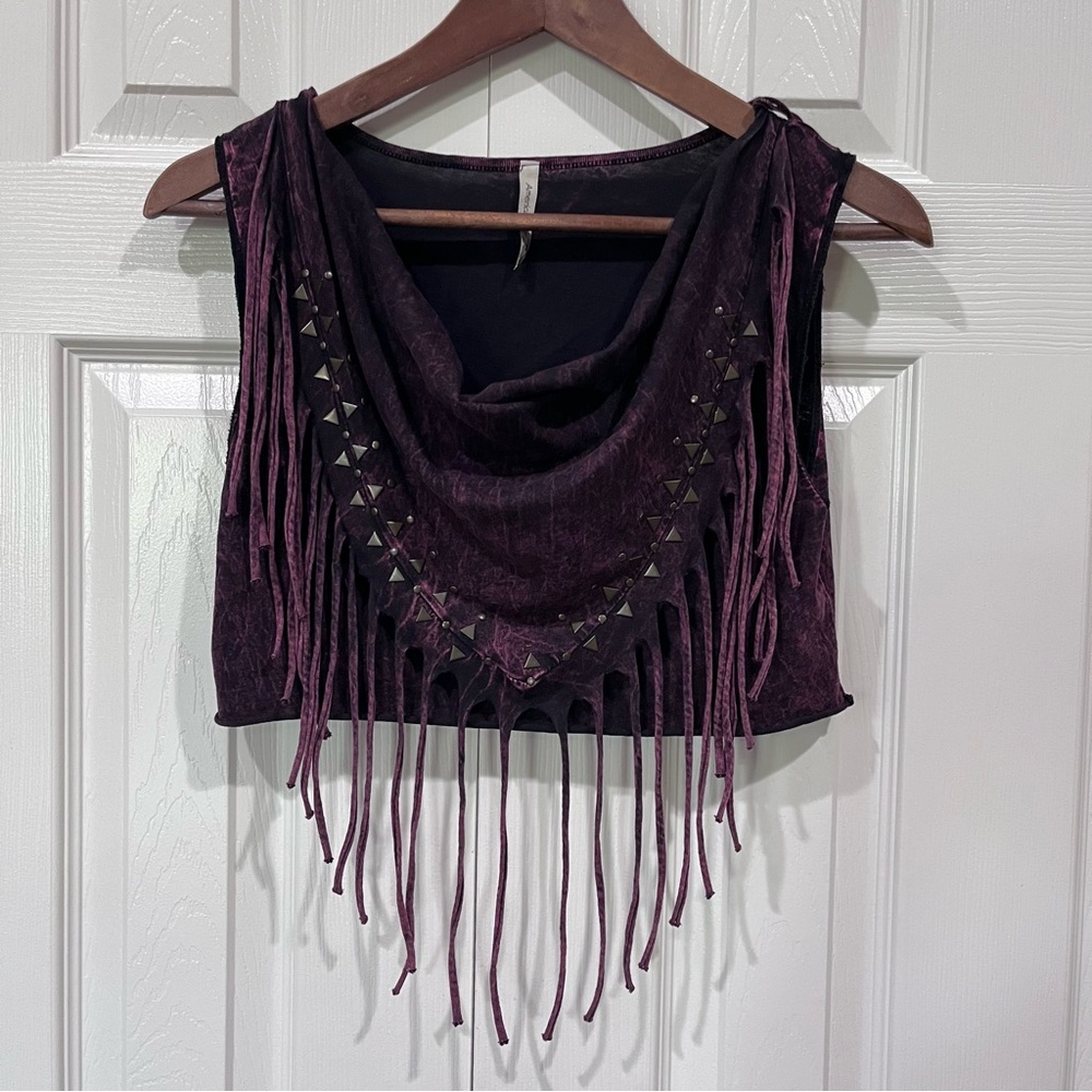 American Age Fringe Sleeveless Acid Wash Crop Top